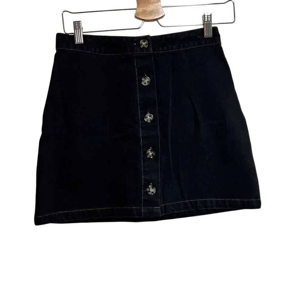 F21 Black Denim Retro Button up Mini Skirt Small